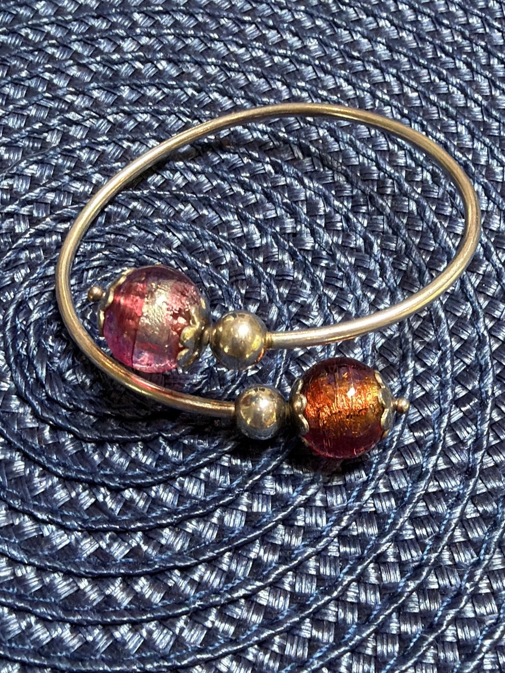 Sterling Silver Bangle Bracelet with Pink and Amber Glass Beads
